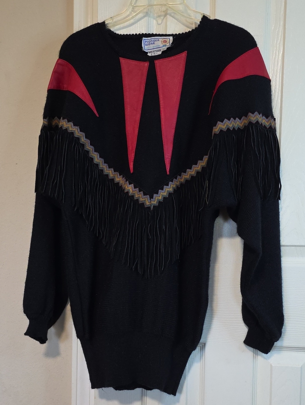 Western Girls! PIONEER Black Sweater with Leather Red Chevron Insets & Fringe.